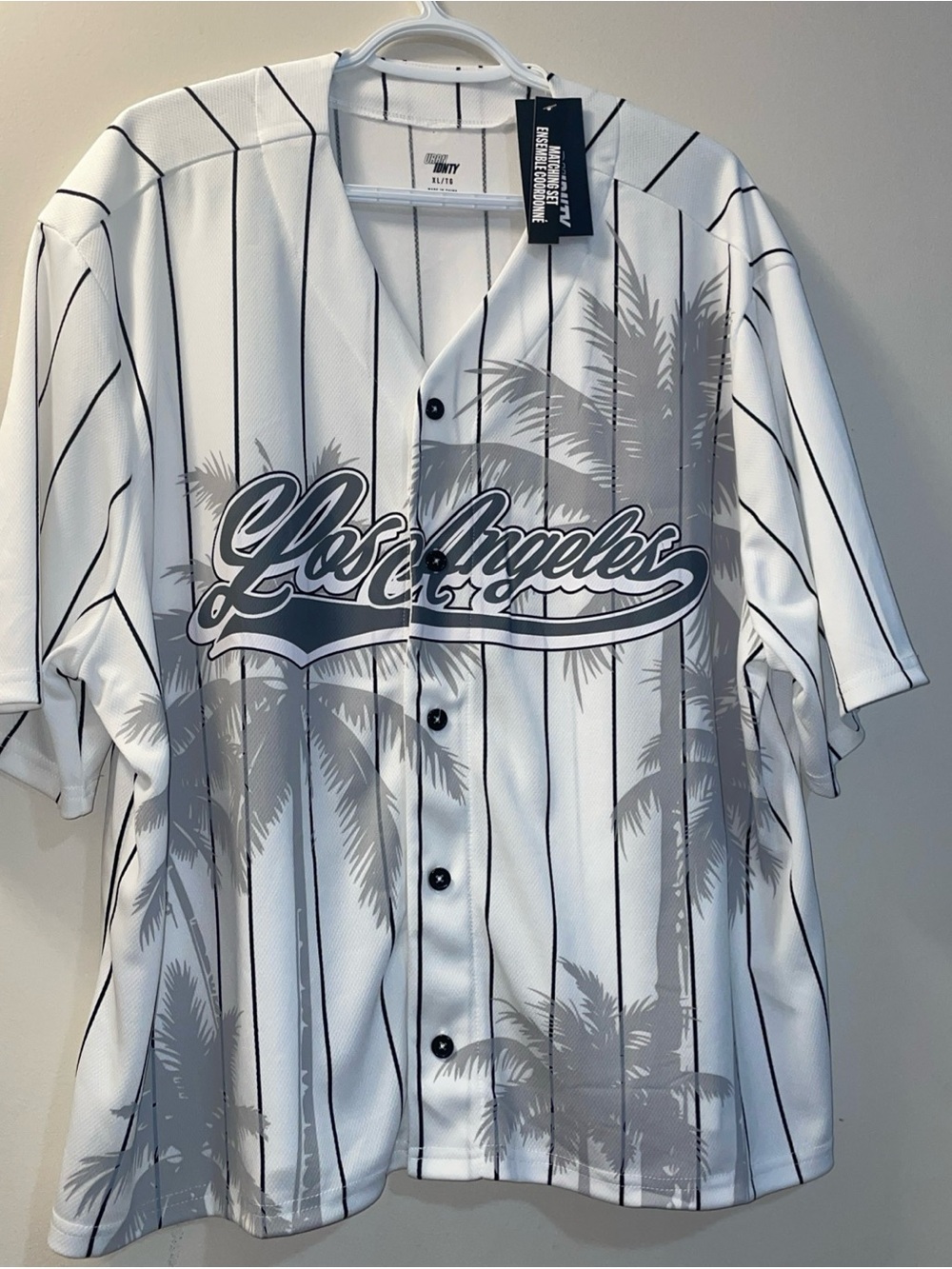 Los Angeles Palm Script Pinstripe Baseball Jersey - White/Gray